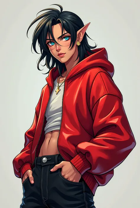 18 years old Male, Fit, black long hair, elf ears cyan eyes, Latino
Outfit: A oversized red hoodie, an golden earing and oversized black jeans. Anime style