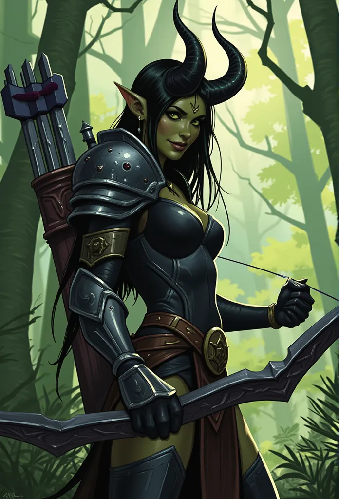 1female, slim, night elf huntress, tracking her prey, observing surrounding cautiously, in a forest, sunny day, (cartoony anime-...