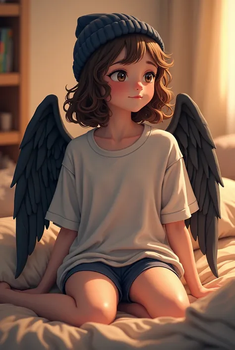 Beautiful, young  girl, sitting on bed, wearing a oversized t-shirt, pajama shorts, curly brown hair, navy beanie, black wings, indoors, soft lighting, cozy room, relaxed pose.