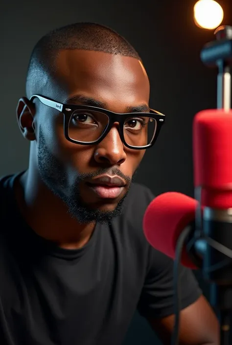 image of a young black man youtuber of 27 years old manager with a shaved haircut, with rectangular frame optical glasses on his eyes in a radio studio with a red colored microphone in front of him