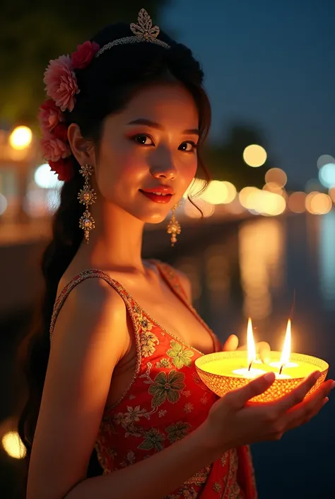 a beautiful asian girl in traditional Thai dress holding a Krathong by the riverside at night, realistic, good lighting, professional Photography, Photorealistic, detailed, RAW, analog, sharp focus, 8k, HD, DSLR, high quality, Porta 160 color, Fujifilm XT3...