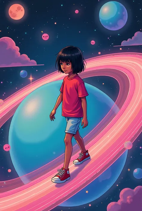 Anime boy in red magenta shirt androgynous Indian brown skin with straight black hair with bangs walking on the rings of the planet Saturn colorful drawing stars in the sky sneakers ALL star red cute aliens smiling