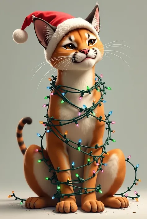 a puma with Christmas lights ,  trying to undo the knot as it gets tangled, wearing a Christmas hat and Christmas clothes 