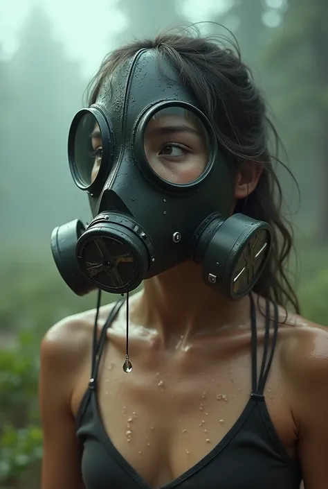 Girl sweats all over her body and wears a gas mask