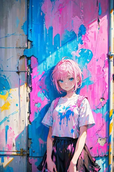 1girl,solo,(((pink short hair,blue eyes))),cool,shirt and skirt,art student,she has a brush,she is painting the wall,big paint,paint the whole wall,colorful,dynamic,intense,wild,crazy,dirty,in Derelict building