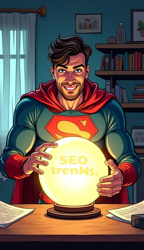 Comic book style man at home using a glowing crystal ball labeled “SEO Trends,” predicting future search queries