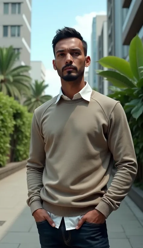 indonesian male, standing on the sidewalk, wearing sweater crewneck with shirt colar, hands in pocket. extremely detail, extremely realistic.