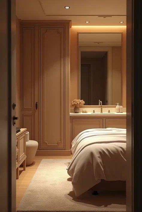  a room with a bathroom that has a bed on the side of, that has a mirror ,  a bedside table and a wardrobe 