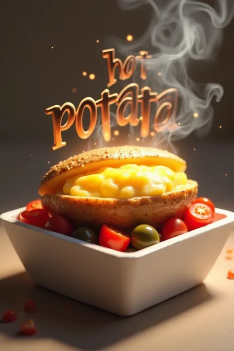  An open hot potato , with a realistic texture ,  placed inside a square styrofoam box . From the potato ,  hot smoke comes out ,  showing the inside filled with melted cheese .  Around the potato ,  there are fresh chopped tomatoes and olives ,  with a re...