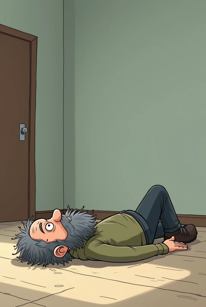 The cartoonish image of a man with gray hair and a black beard , lying face up on the floor of an empty room with clear signs of tiredness and exhaustion. 