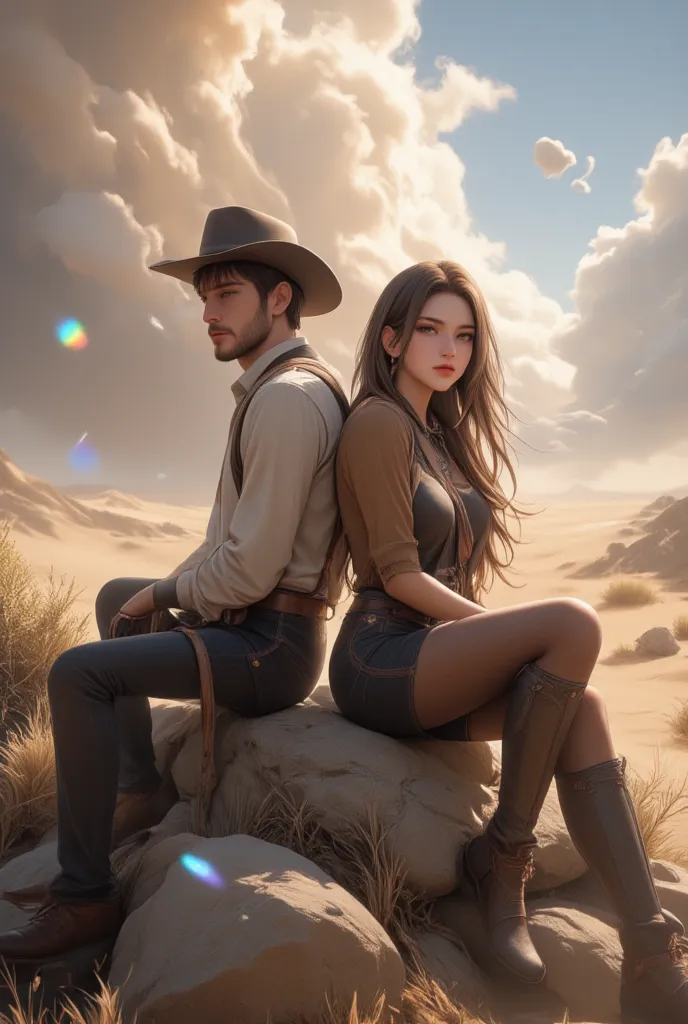 conceptual installation art, designs like movie posters, handsome western cowboy and beautiful western cowgirl, sitting with the...