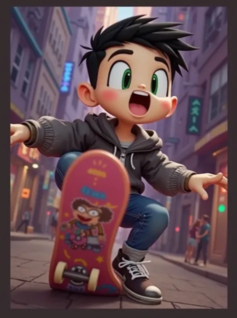 Create this character riding a skateboard