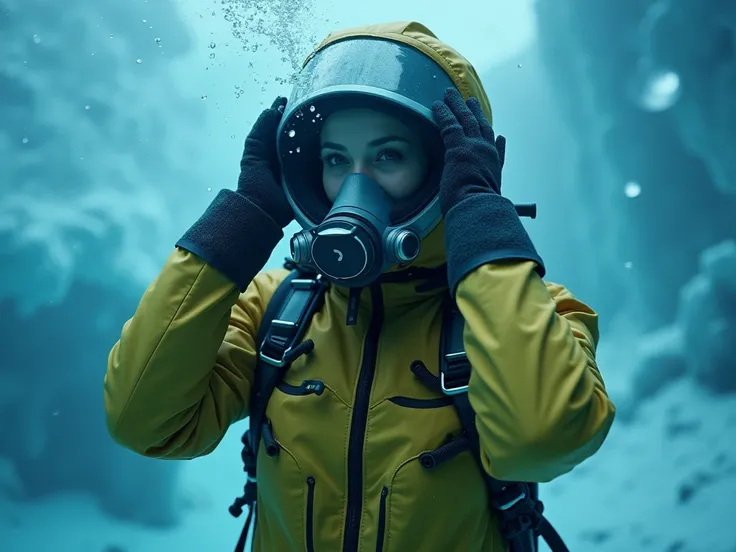 Sexy  women wearing  tight hazmatsuit underwater  Antarcticas  iced surface  puts her hands in her glassed helmet because she  runned out of air and she cant breathe 
And looking desperately around for help.
A hostile scuba diver girl goes behind her back ...