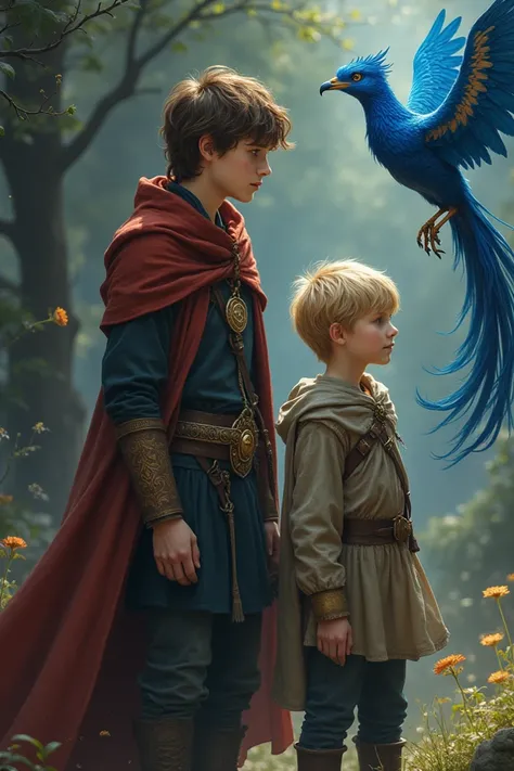 Two young people:The older one with brown hair is tall ,  the little one with blond hair is short .  An evil witch with short blond hair deceives them with gifts and threatens them.  A blue phoenix with the symbol of time and truth on its chest ,  tries to...