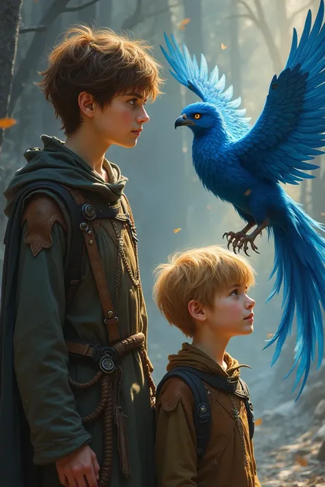 Two young people:The older one with brown hair is tall ,  the little one with blond hair is short .  An evil witch with short blond hair deceives them with gifts and threatens them.  A blue phoenix with the symbol of time and truth on its chest ,  tries to...