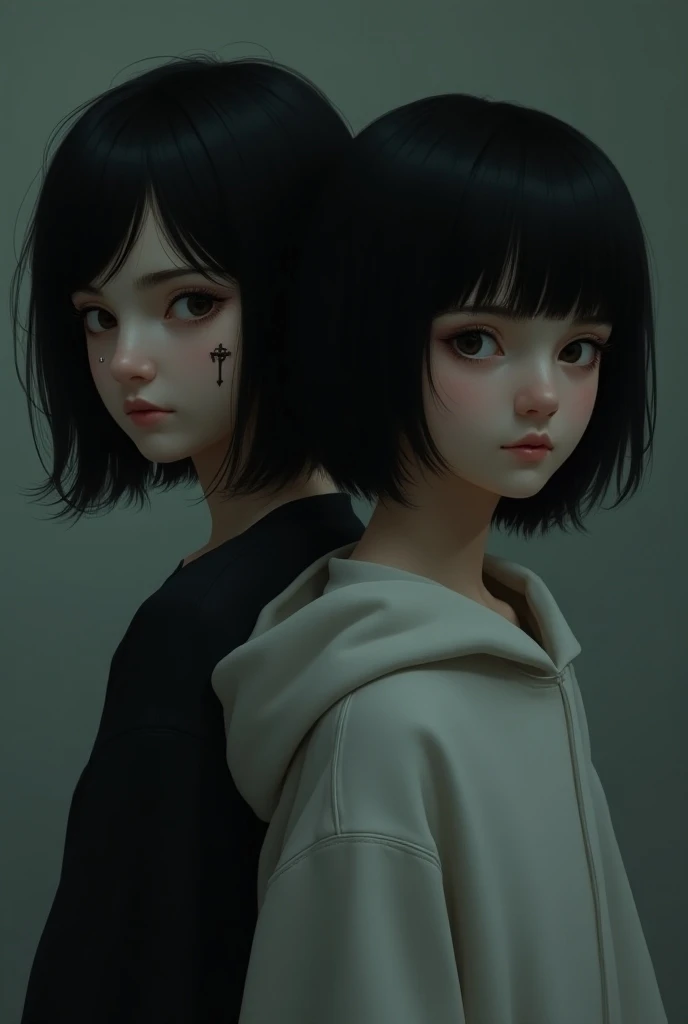  Two girls short black hair up to the neck the one of 15 with layered hair, black eyes both , Serious expressions, one with a cross earring ,  black dress and white sweatshirt 