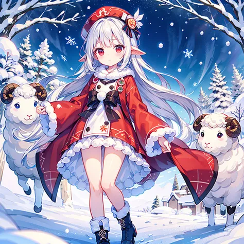 Pure white hair、 straight long hair 、Red eyes、cute、Hokkaido、Snow Scene、 imaginary、 best quality、 masterpiece、Super detailed、 high definition、 snowflake fractal art、fukabuka casket hat 、 sheepskin boots、