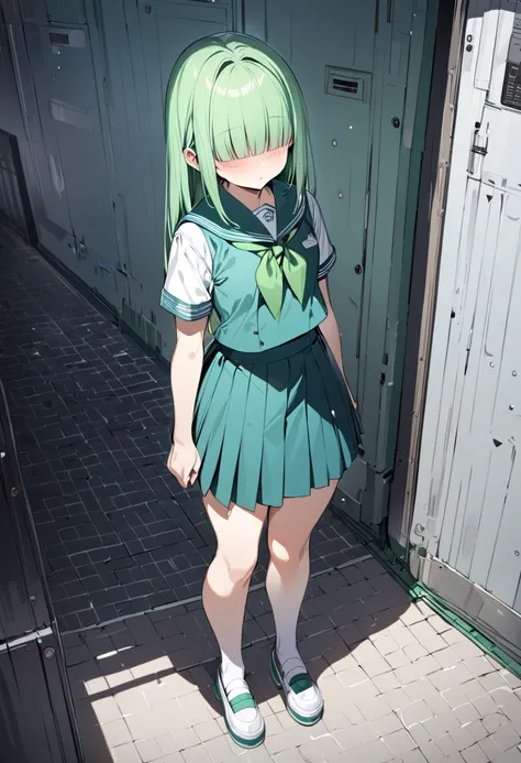 masterpiece, best quality, 1 girl, (15,full body,standing,light green hair, middle hair, hime cut,hair over eyes,school uniform, sailor suit ,{{small breasts}},