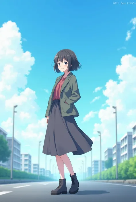 blue sky、 White Clouds 、Japanese woman with short bob、Long sleeve jacket、 long skirt、 Short Boots、smile、 asphalt 