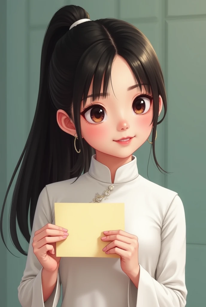 "A 14-year-old Vietnamese girl with long black hair tied in a ponytail. She is wearing a white áo dài, symbolizing elegance and tradition, holding a handmade card in one hand. Mai has a kind and slightly shy smile, reflecting her caring personality and lov...