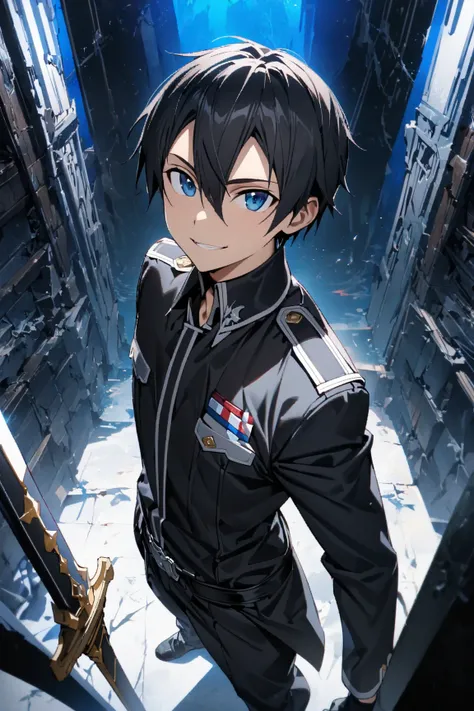 masterpiece, 最 High Quality , 8k, ((1 male, Alone, male focus, confident,)), A blue room in a beautiful ocean  , 最 High Quality , Kirito,  Japanese anime style cool guy,  Sword Art Online ,Black collared military uniform , Black Gloves  ,  One Boy , Look a...