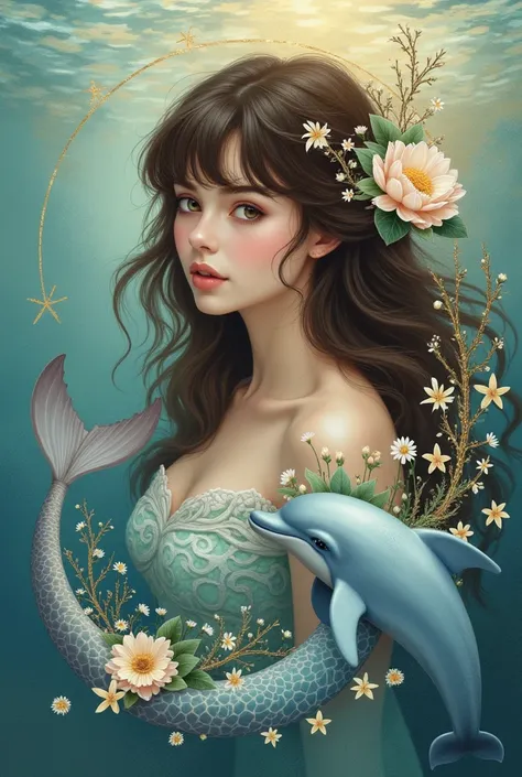 create a wallpaper that combines the Lover archetypes (The Lover), Mermaid and Dolphin

How to combine: It would be with brown hair and bangs 

 • Soft, watery background: Choose a soft blue or turquoise background base, with touches of gold to add eleganc...