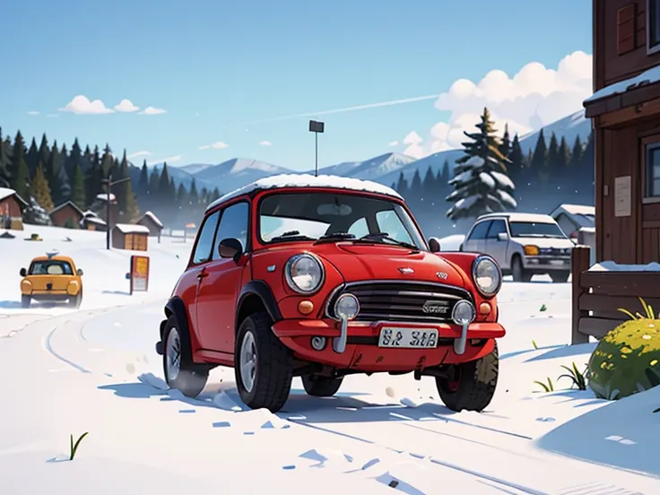 octane rendering、( hyper details : 1.2)、(soft light、sharp: 1.2)、morning、snow trails、snow trails， very small old red modified min...