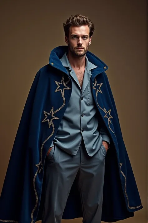 Make an do-it-yourself fashion outfit using long sleeves pajama for men, with dark blue cape with stars, and like a royal king