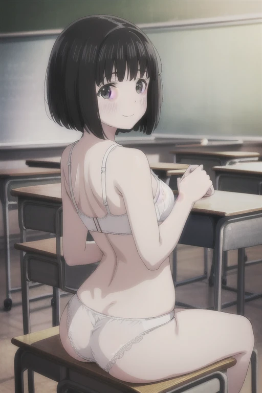 Alone,  1 girl,  Viewers, 2D, Anime, Anime coloring,  black hair、 short bob,whole body,Small breasts、 (classroom:1.3), Kogma,  cute white bra with hands on blackboard、Cute white panties、blush,smile、Backwards、look back、黒板に手をつく