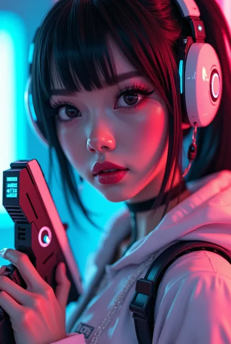  A beautiful futuristic girl , beautiful detailed eyes,  beautiful and detailed lips ,  face and extremely detailed features,  Long eyelashes , cute expression,  holding two high-tech weapons ,  dynamic action pose ,  Detailed Android body , advanced cyber...