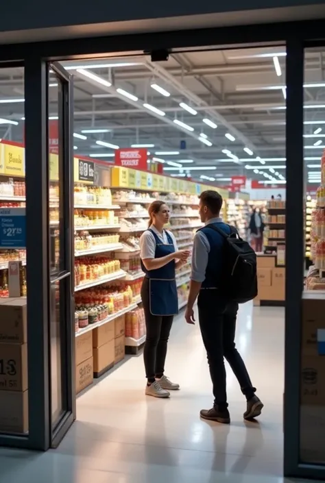  Staff who work in the hyperwarehouse PRICE ONE receives and greets the customer who enters the store door,  that in the background you can see the rest of the store ,  gondolas with edible products ,  the electronic products area , of toilet and clothing ...