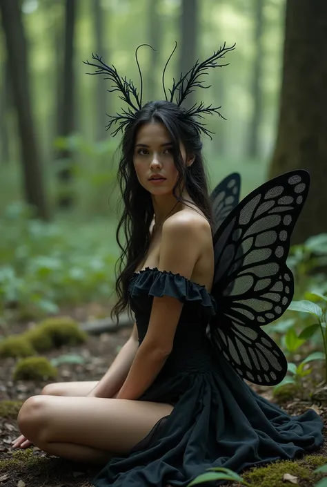 I want you to create an image where ,  a woman is sitting in the forest , with an almost sensual black butterfly costume