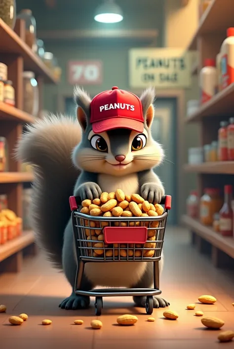 peanut the squirrell wearing a Maga Hat bringing groceries cart full of peanut at sale store