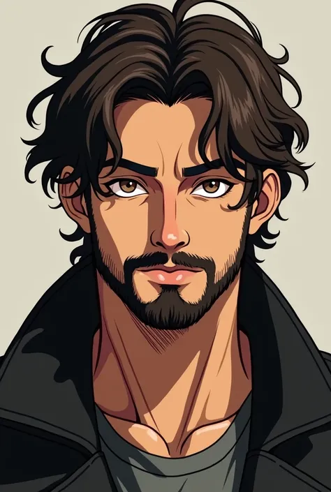  Do it myself my name is Jakson Kenett I have wavy dark brown hair 1 / 73 with brown eyes and with a padlock beard and mustache ,  tries to make me look like an anime character wearing a classic black jacket