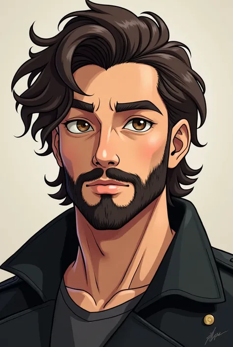  Do it myself my name is Jakson Kenett I have wavy dark brown hair 1 / 73 with brown eyes and with a padlock beard and mustache ,  tries to make me look like an anime character wearing a classic black jacket