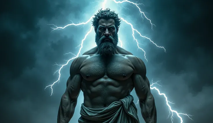 Create an ultra-realistic 4k image of a stoic Greek god and lightning and thunder behind him with a black background