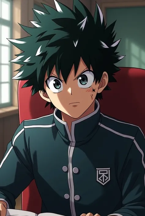 Screenshot of my hero Academia boy with black hair with white tufts, messy hair, black eyes with a small scar on his eyelid wearing the UA uniform sitting on a chair at my academy