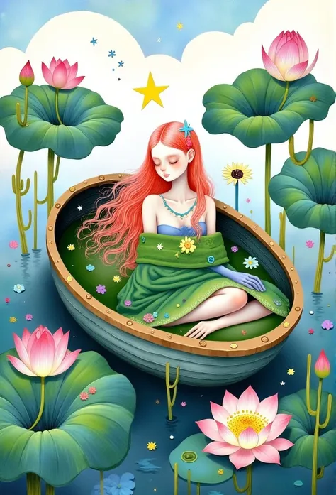   sleeps inside a large boat in the middle of a lotus lake, covered with a large blanket with a leaf,  above covered with a large green leaf ,       closed eyes    ,   lake and lotuses around    ,   a young woman covered with a green blanket ,  jewelry    ...