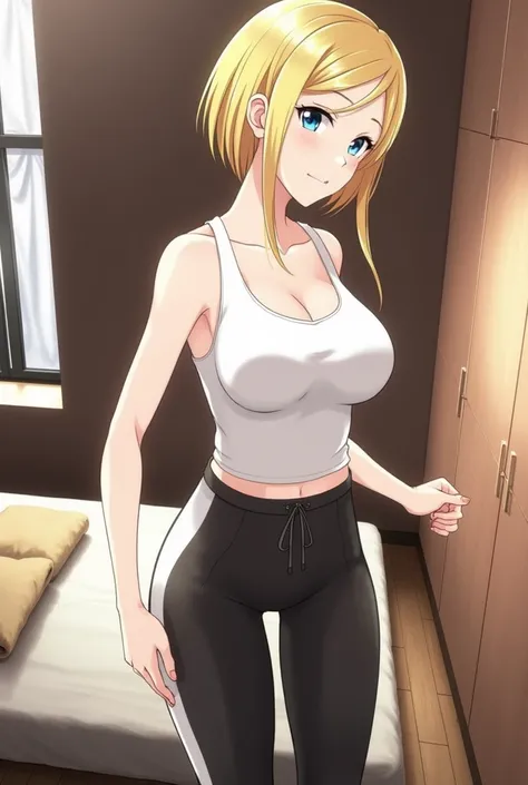 Pretty young adult girl with short yellow hair with blue eyes with big breasts wearing a white sports bra and black sports shorts in the background of a bedroom.(anime style.)