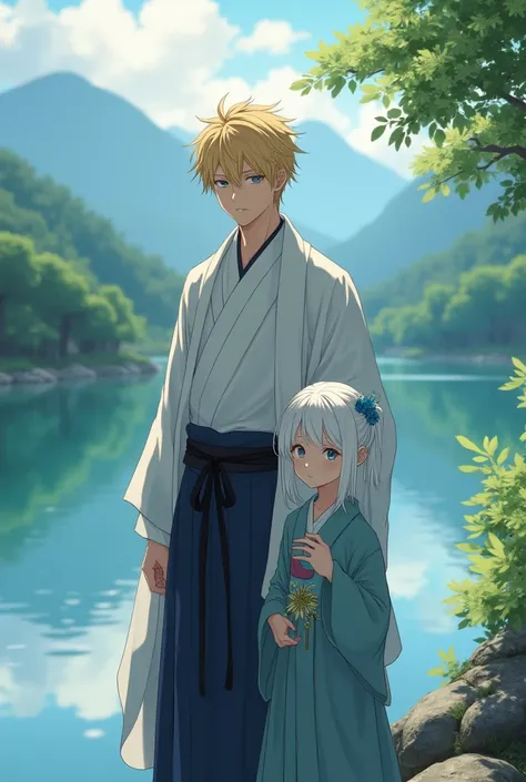 20-year-old blond man with sky blue eyes serious expression elegant and mature Japanese clothing at a lake with his little sister albina with white hair anime 