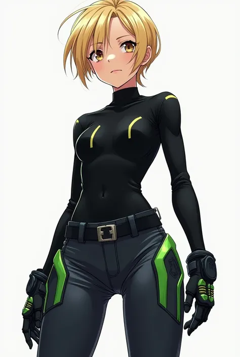 16-year-old anime manga comic style,  has short, slightly disheveled blonde hair ,  intense hazel eyes and a slim but athletic figure .  Her outfit stands out for her tight long-sleeve t-shirt in black,  with a high collar and a synthetic material that sli...