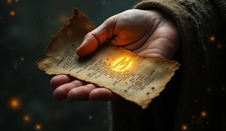 An artistic depiction of Nostradamus’ hand, with an M symbol glowing on his palm. He is holding an ancient scroll or parchment, filled with faded yet legible prophecies written in archaic script. The hand, with its M-mark, stands as a powerful symbol of fa...