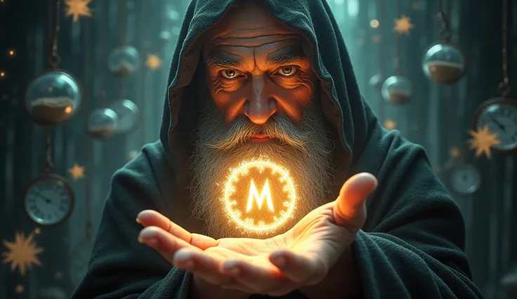 A dynamic and surreal image of Nostradamus, his figure partially transparent, looking down at a glowing hand with the M symbol. The palm is surrounded by swirling clocks, hourglasses, and stars, suggesting the passage of time and the unfolding of destiny. ...