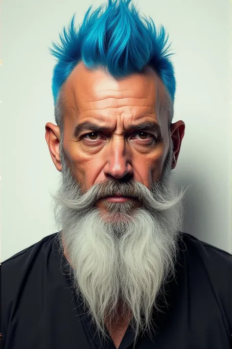 Make a man with a blue mohawk and a white beard