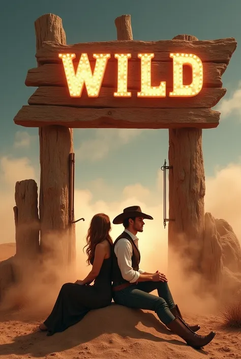 the sign with the word "WILD" leaning and falling, conceptual installation art, designs like movie posters, handsome western cowboy and beautiful western cowgirl, sitting with their backs together and posing in front of the bar door, sandstorm in the wilde...