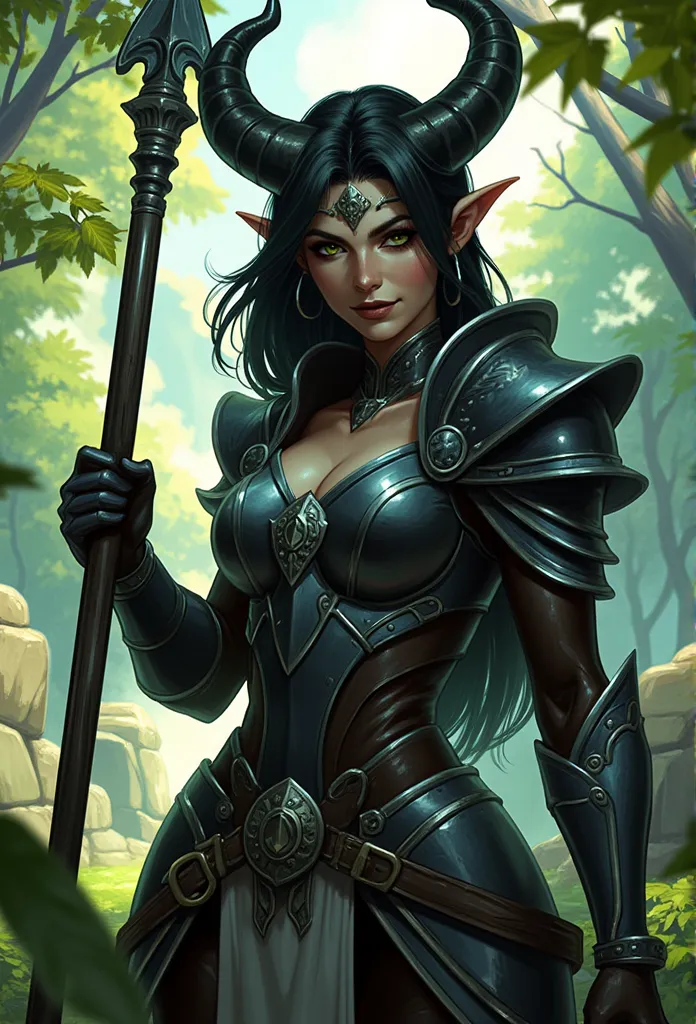 comic book style art, anime, 1female, slim, fit, black elf, wielding giant spear, cautiously observing surrounding, in a forest,...