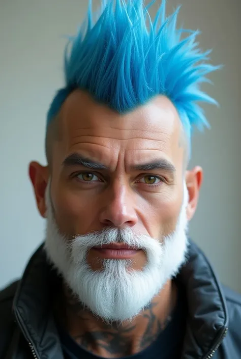 Make a young man with a blue mohawk and a white beard