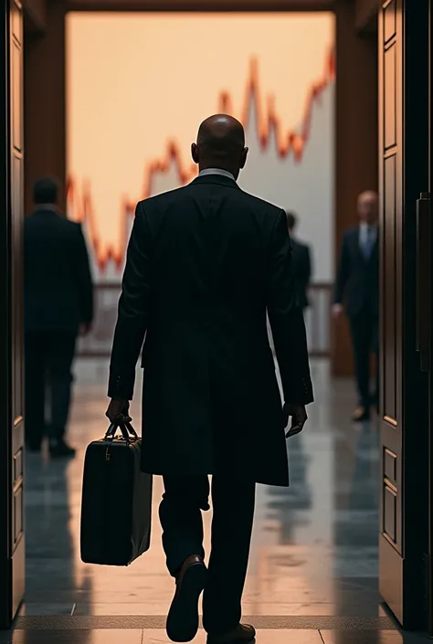 Gary Gensler leaving the SEC building with his belongings, his back to the viewer. The background shows a rising cryptocurrency chart. The style should be slightly melancholic but also hinting at a change