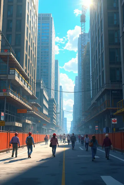 Create an image in the style of Makoto Shinkai A busy street with construction barriers and workers, showing cars stuck in traffic.