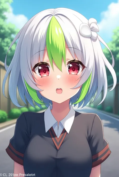 Attractive anime-style female student with short white hair

Ahegao　Red eyes　uniform　white heart hair ornament

Only part of the forelock is fluorescent green

Part of the bangs is fluorescent green

Entrance ceremony
